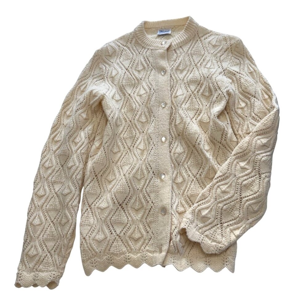 Wintuk Women's Cardigan Sweater Cream Orlon Acrylic Open Knit Vintage 60s Boho
